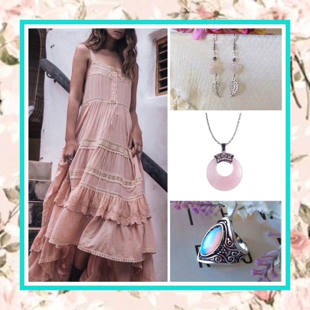 🌸 3PC EARRINGS RING NECKLACE ROSE QUARTZ SET BOHO CHIC BUNDLE BOHEMIAN SILVER